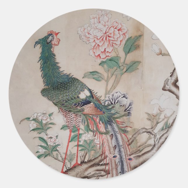 Chinoiserie Peacock Vintage Classic Round Sticker (Front)