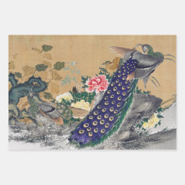Chinoiserie Peacock with Dusty Rose and Faded Blue Wrapping Paper Sheets