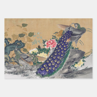 Chinoiserie Peacock with Dusty Rose and Faded Blue Wrapping Paper Sheets