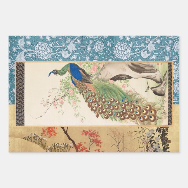 Chinoiserie Peacock with Dusty Rose and Faded Blue Wrapping Paper Sheets (Front 3)
