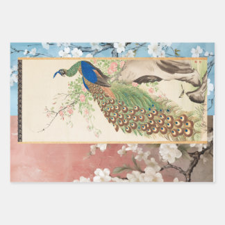 Chinoiserie Peacock with Dusty Rose and Faded Blue Wrapping Paper Sheets