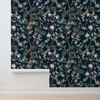 Chinoiserie Peony Flowers,Trees Birds Dark Floral