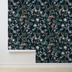 Chinoiserie Peony Flowers,Trees Birds Dark Floral Wallpaper