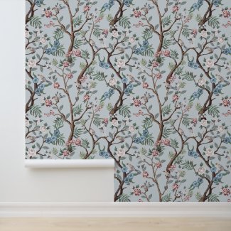 Chinoiserie Peony Flowers,Trees & Birds Light Grey
