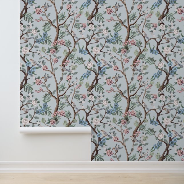 Chinoiserie Peony Flowers,Trees & Birds Light Grey Wallpaper (Application)