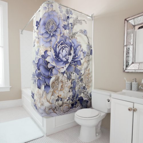 Chinoiserie Peony Painting in Blue and White Shower Curtain