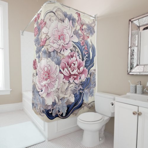 Chinoiserie Peony Painting in Pink and Blue Shower Curtain