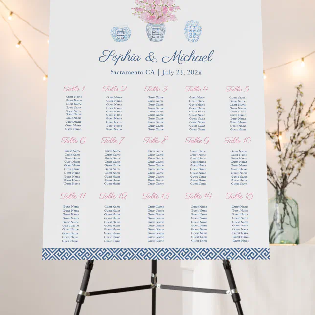 Chinoiserie Pink And Navy 15 Tables Seating Chart Foam Board | Zazzle