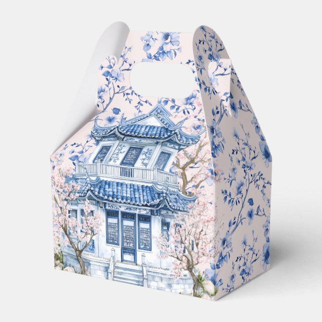 Chinoiserie Pink & Blue Pagoda Bridal Tea Favor Boxes (Front Side)
