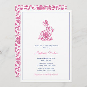 Chinoiserie Pink Bunny Baby Girl Shower Invitation