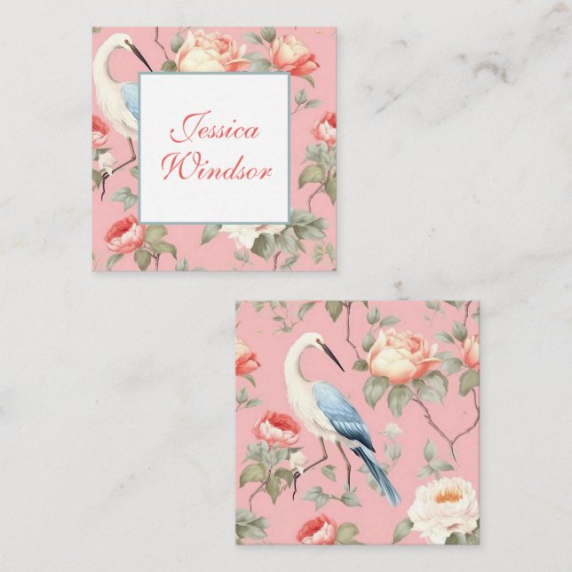 Chinoiserie Pink Floral Egret Gift Enclosure Note Card (Front/Back)