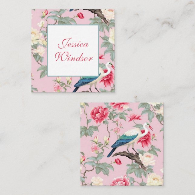 Chinoiserie Pink Floral Egret Gift Enclosure Note Card (Front/Back)