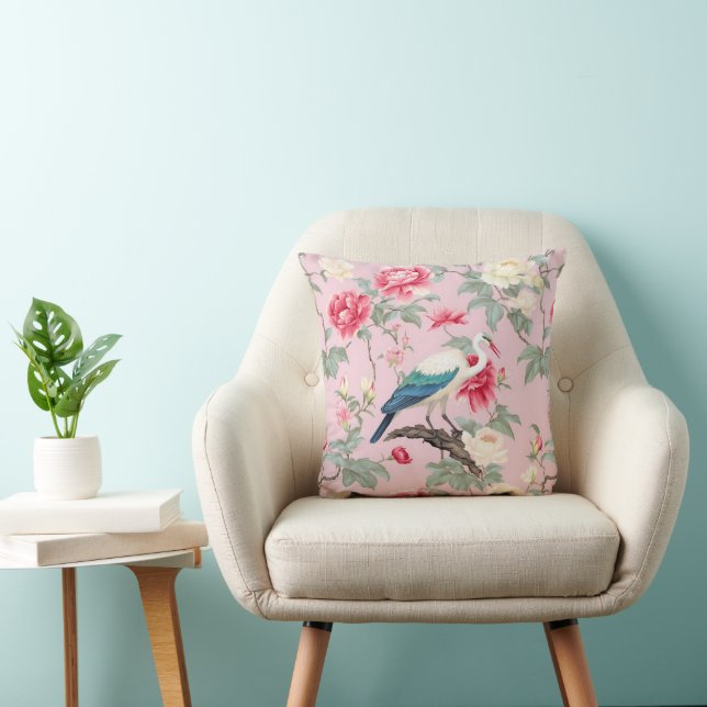 Chinoiserie Pink Floral Egret Throw Pillow (Chair)
