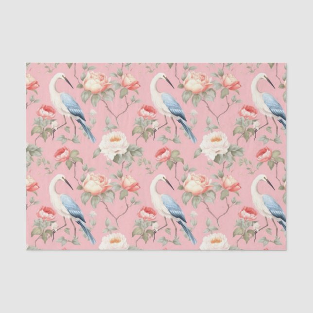 Chinoiserie Pink Floral Egret Tissue Paper (Front)