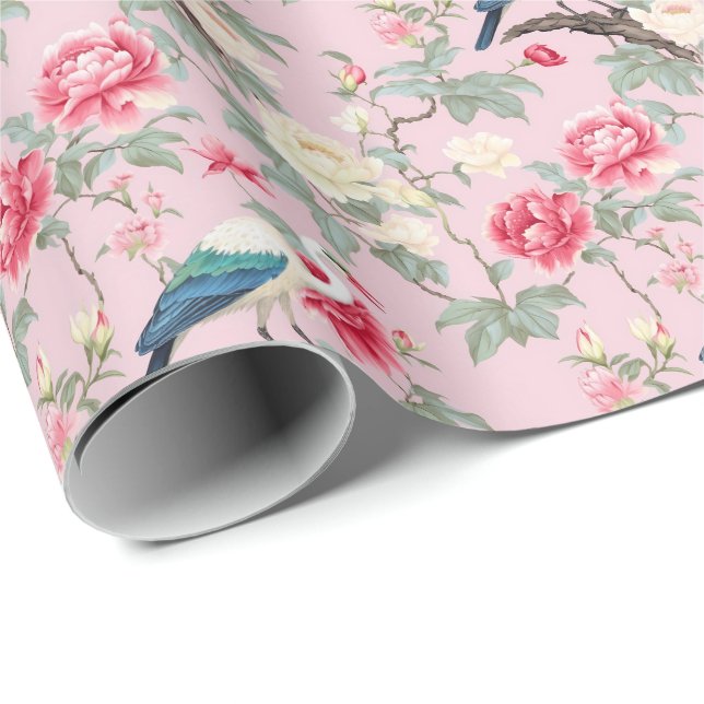 Chinoiserie Pink Floral Egret Wrapping Paper (Roll Corner)