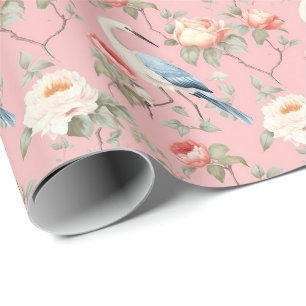 Chinoiserie Pink Floral Egret Wrapping Paper
