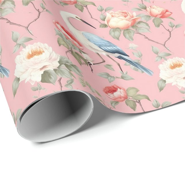 Chinoiserie Pink Floral Egret Wrapping Paper (Roll Corner)