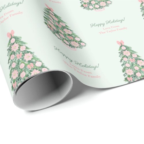 Chinoiserie Pink Green Merry Christmas Family Name Wrapping Paper