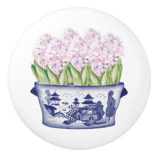 Chinoiserie Pink Hyacinths Ceramic Knob