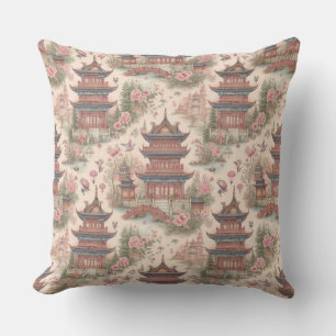 Chinoiserie Pink Pagoda Watercolor Throw Pillow