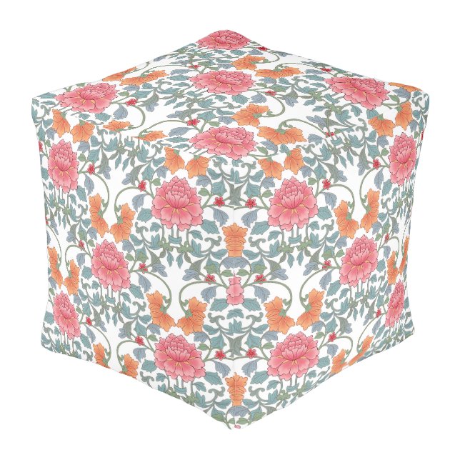 Chinoiserie | Pink Peonies Floral Pattern Pouf (Angled Front)