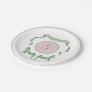 Chinoiserie Pink Ribbons Logo Crest Paper Plates