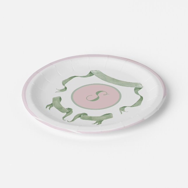 Chinoiserie Pink Ribbons Logo Crest  Paper Plates (Angled)