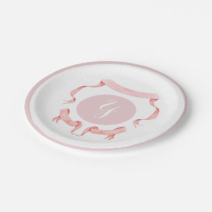 Chinoiserie Pink Ribbons Logo Crest Paper Plates
