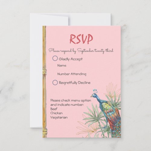 Chinoiserie Pink Watercolor Peacock Bamboo Wedding RSVP Card