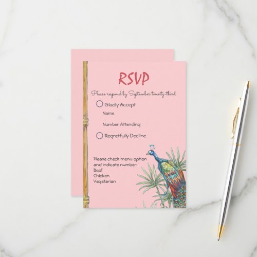 Chinoiserie Pink Watercolor Peacock Bamboo Wedding RSVP Card