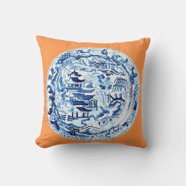 CHINOISERIE PLATE ON TANGERINE THROW PILLOW (Front)