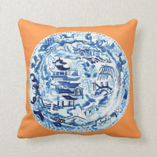 CHINOISERIE PLATE ON TANGERINE THROW PILLOW