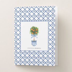 Chinoiserie Pottery Orange Topiary Tree Blue White Pocket Folder