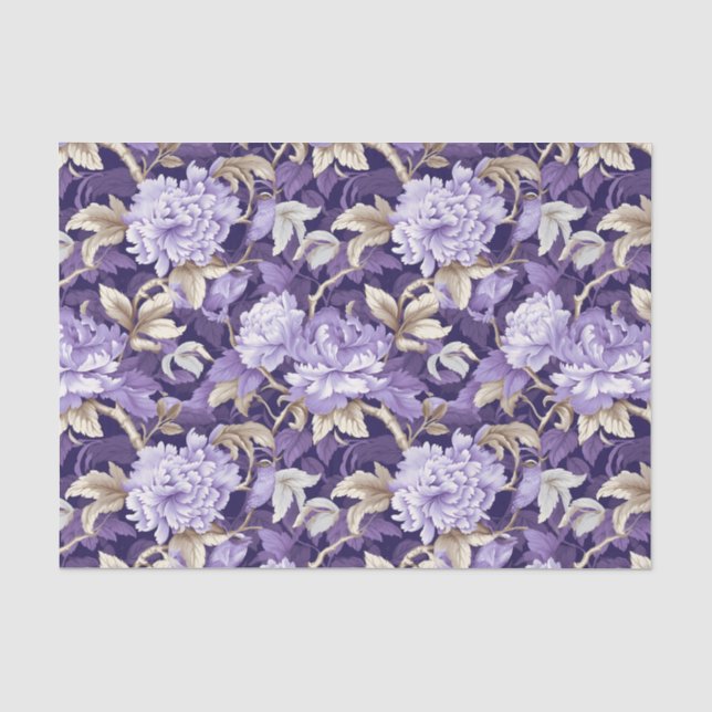 Chinoiserie Purple Gold Floral Painting Decoupage Tissue Paper (Front)