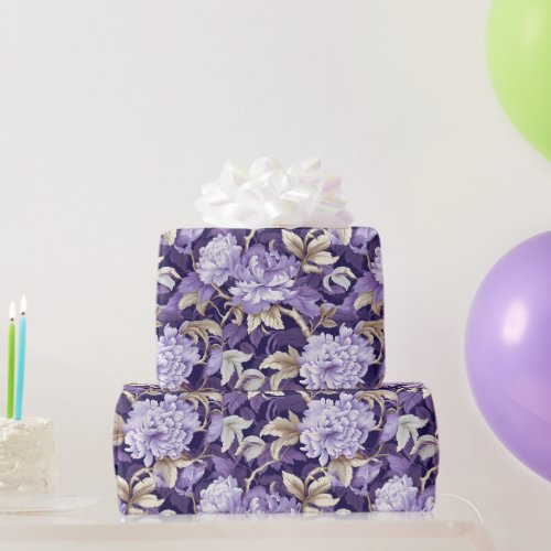 Chinoiserie Purple Gold Floral Painting Wrapping Paper
