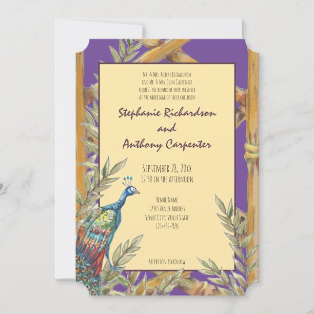 Chinoiserie Purple Peacock Watercolor Wedding Invitation (Front)