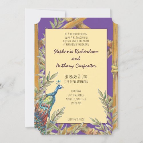 Chinoiserie Purple Peacock Watercolor Wedding Invitation