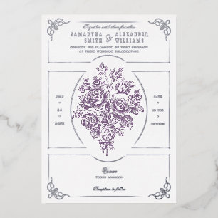 Chinoiserie Purple Roses Bouquet Victorian Wedding Foil Invitation