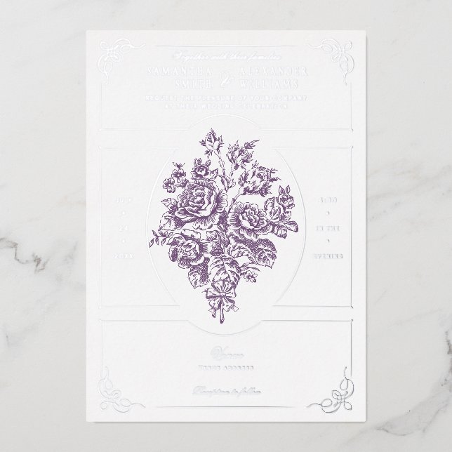 Chinoiserie Purple Roses Bouquet Victorian Wedding Foil Invitation (Front)