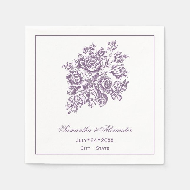 Chinoiserie Purple Roses Bouquet Victorian Wedding Napkins (Front)