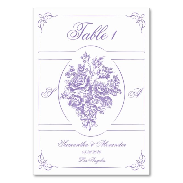 Chinoiserie Purple Roses Bouquet Victorian Wedding Table Number (Front)