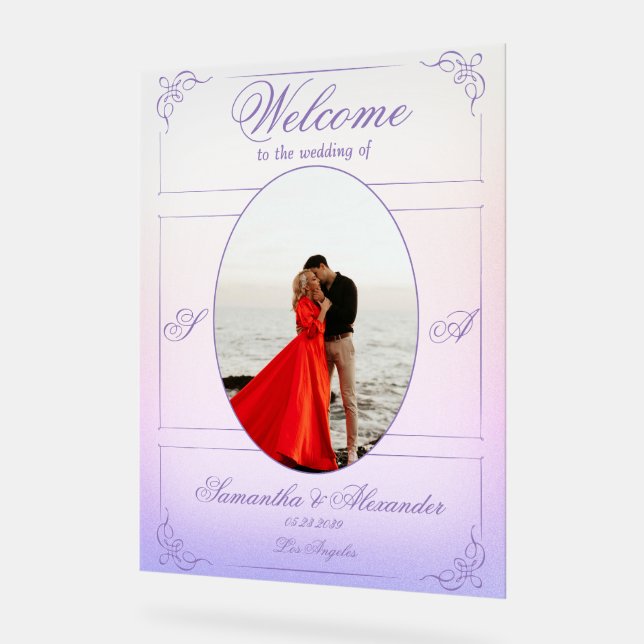 Chinoiserie Purple Roses Victorian Wedding Welcome Acrylic Sign (Angle)