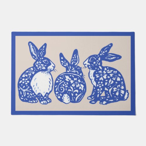 Chinoiserie Rabbit Blue White Bunny Dedham Delft Doormat