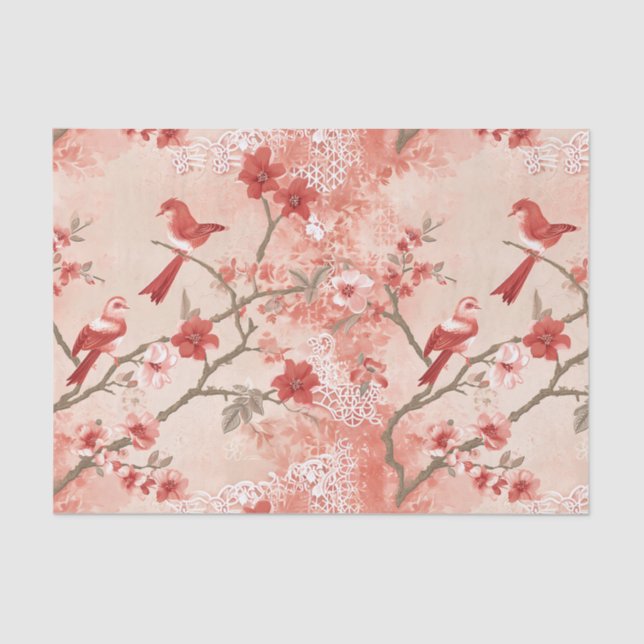 Chinoiserie Red Bird Asian Pink Flowers Decoupage Tissue Paper (Front)