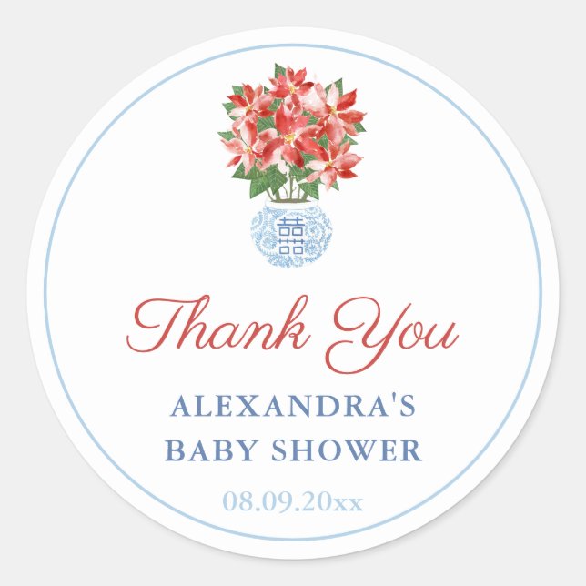 Chinoiserie Red Blue Holidays Bridal Shower Favor  Classic Round Sticker (Front)