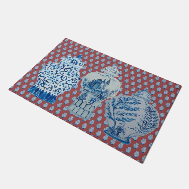 Chinoiserie Red Blue White Ginger Jars Doormat (Angled)