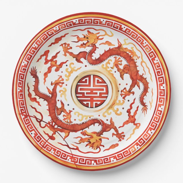 Chinoiserie Red Gold Imperial Dragon Faux China Paper Plates (Front)