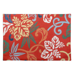 Chinoiserie Red Hawaiian Floral Japanese Kimono Cloth Placemat
