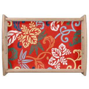 Chinoiserie Red Hawaiian Floral Japanese Kimono Serving Tray
