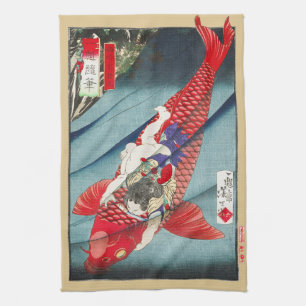 Chinoiserie Red Koi Carp & Heroic Boy Print Kitchen Towel